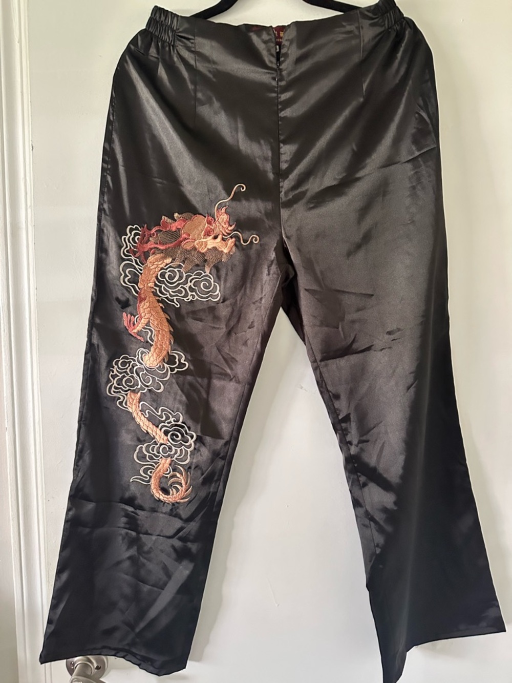 Black Satin Women’s Dragon Embroidered Pants